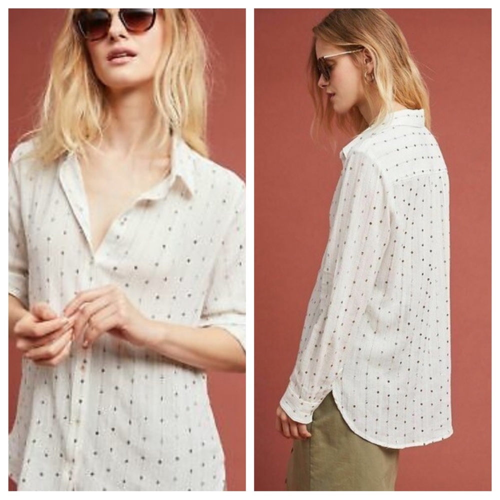 Anthropologie Feather Bone Sequin White Gauze Button Up Blouse XSP